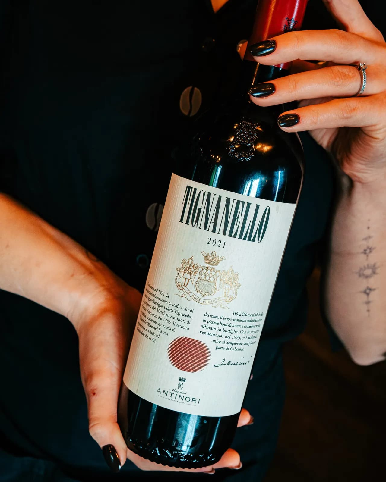 Una bottiglia di Tignanello tenuta tra le mani